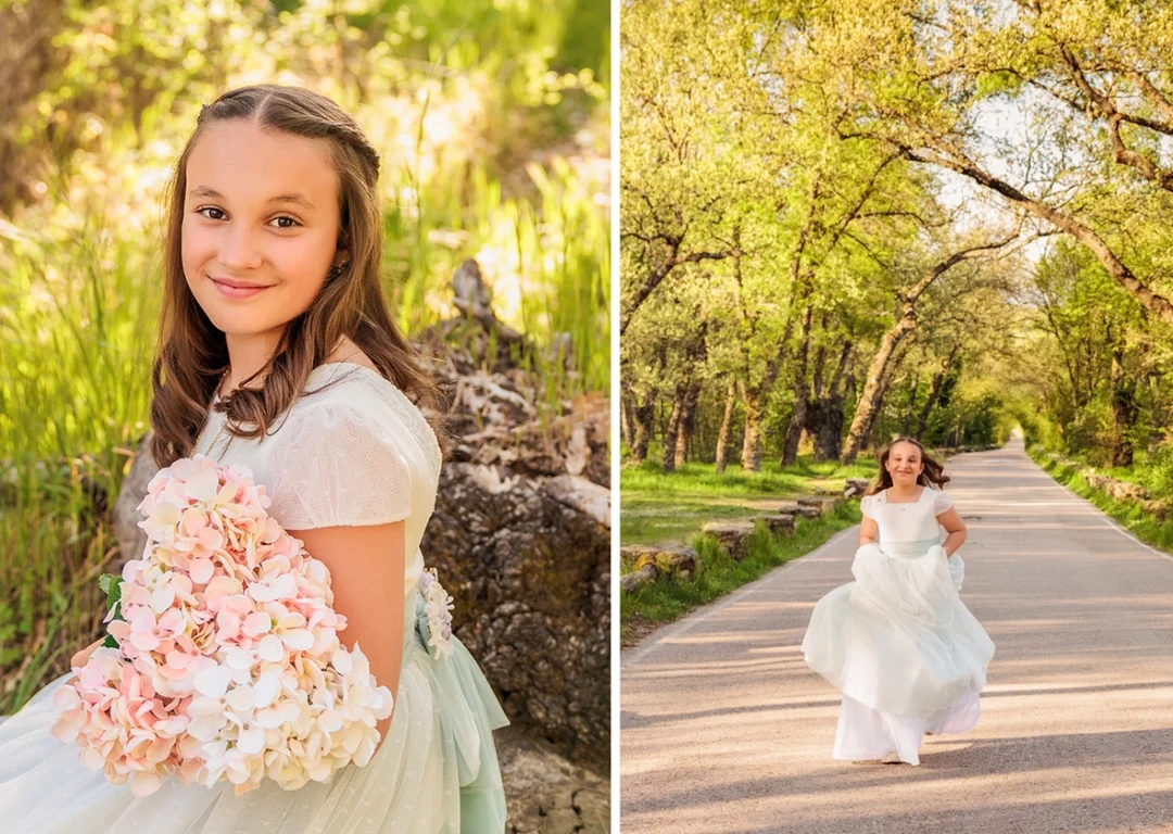 Niña de Comunión en sesión fotográfica al aire libre en la Sierra de Madrid