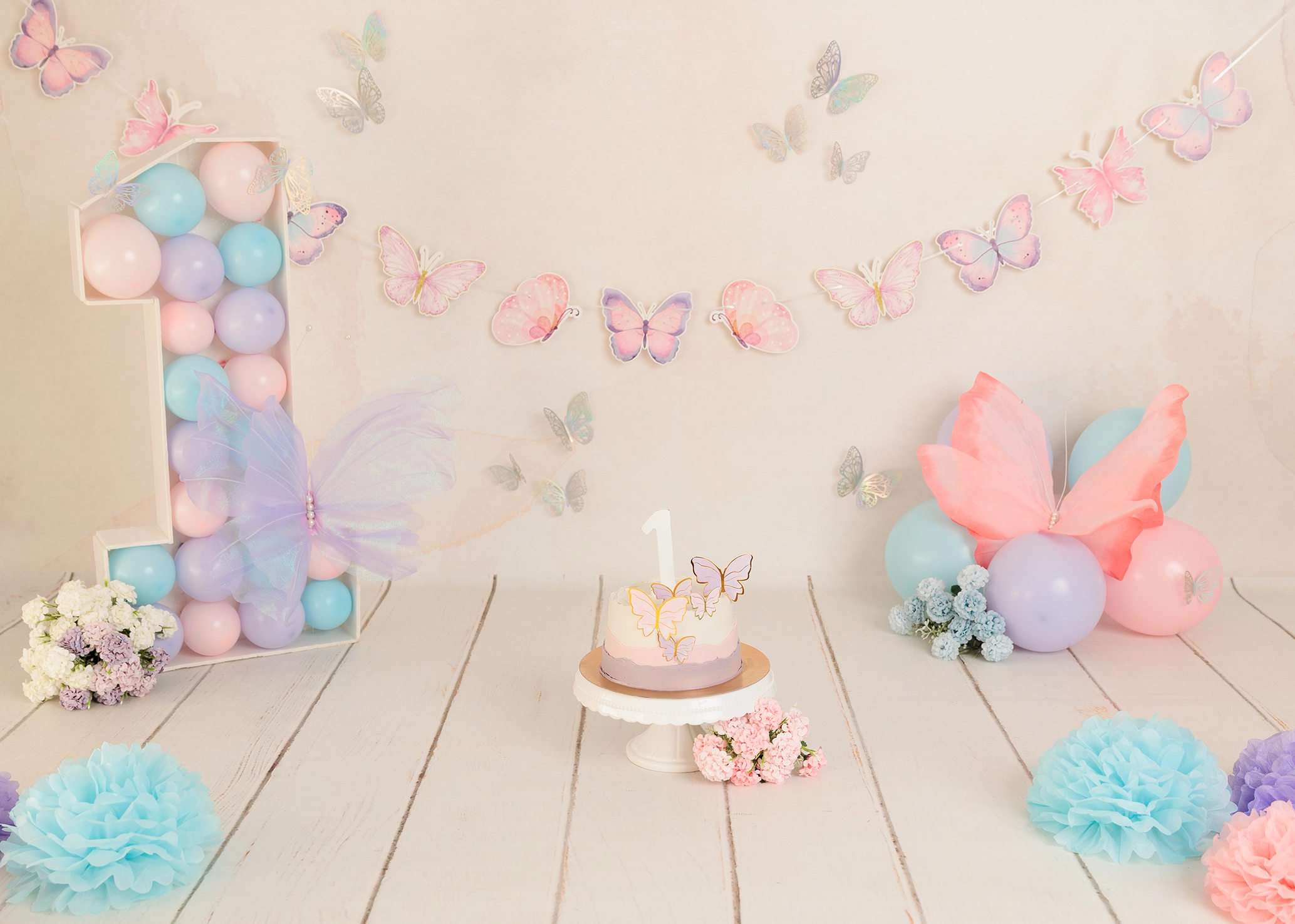 Producto Escenario decorado mariposas Smash Cake rosa lila para sesión fotos primer cumpleaños