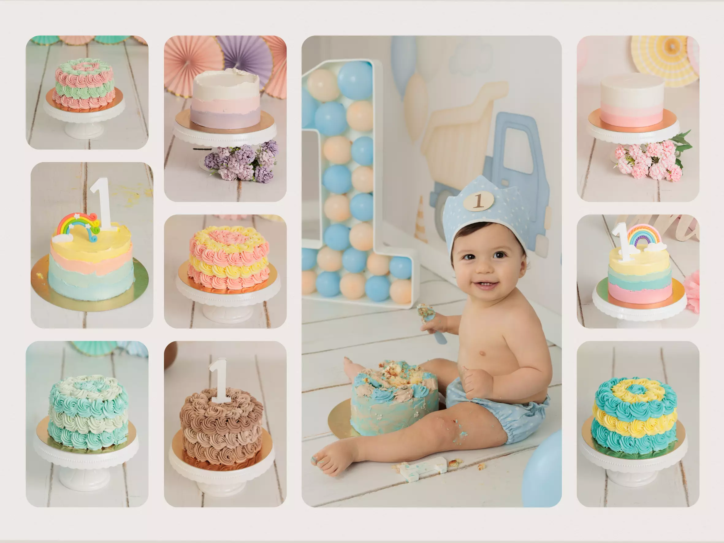 Tartas sesión Smash Cake bebé 1 año con decorado personalizado y familia